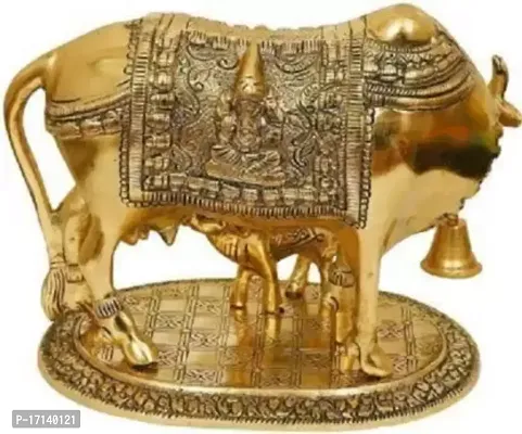 Golden Kamdhenu Cow With Calf Statue,Cow and Calf Idol,Good Luck, Holy Spiritual Showpiece Figurine Sculpture Vastu Decorative Handmade Home Office Showpiece-thumb2