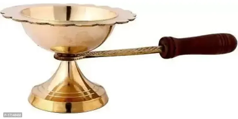 Brass Aarti Lamp / Dhoop Stand with Wooden Handle Brass Table Diya  Brass Table Diya-thumb0