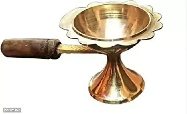 Pure Brass Dhoop Diya Medium Size || Dhoop Dani Kapoor Aarti Lamp || Dhoop Stand with Wooden Handle for Mandir, Diwali Pooja, Festivals-thumb0