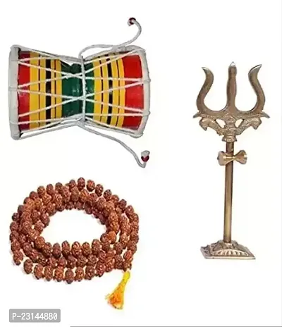 Rudraksha Mala Panchmukhi Original 5 Face 108 Beads with Brass Lord Shiva Trishul and Hancrafted Wooden Shiv Damru for Religious Purpose, Traditional Rituals, Shivratri Saawan Pooja
