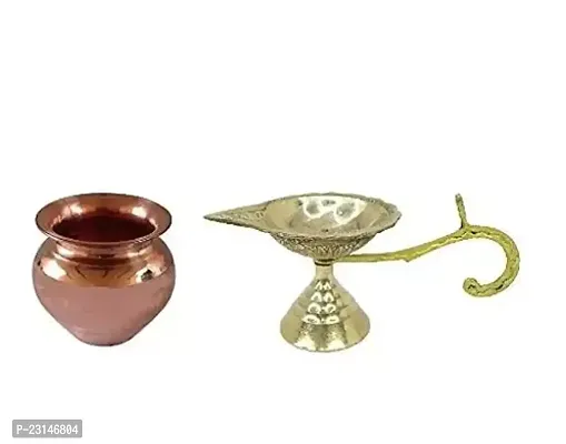 Set of 2 Pcs, Brass Round Pyali Diya with Copper Kalash/Lota for Festival Worship Pack of 1