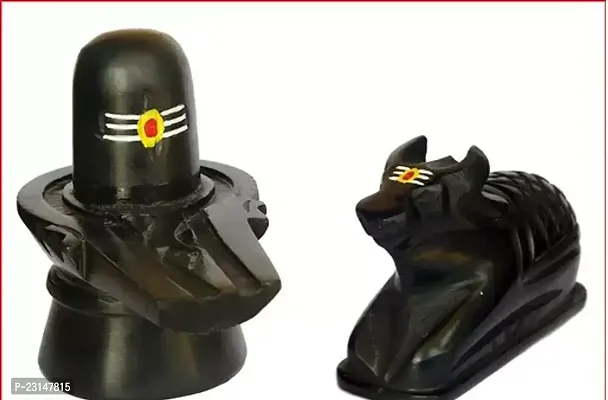 Marble Stone Shivling with Tilak  Nandi Idols Handcrafted  Hand Painted, Black, 2 Pieces Black Tilak Shivling with Nandi Bull for Jalabhishek, Temple, Home Puja.