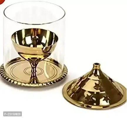 Brass Akhand 1 No Small Size Diya with Glass Cover and Designed Star Holes on Top for Festival Worship Brass Table Diya-thumb0
