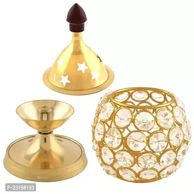 Akhand Diya / Brass Akhand Diya | Diamond Crystal Deepak/Dia | Akhand Jyot Decorative Brass Crystal Oil Lamp T Light Holder Lantern Festival Decoration Diwali Gifts-thumb0
