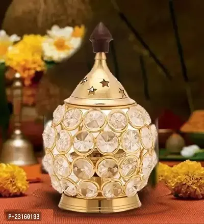 Akhand Diya / Brass Akhand Diya | Diamond Crystal Deepak/Dia | Akhand Jyot Decorative Brass Crystal Oil Lamp T Light Holder Lantern Festival Decoration Diwali Gifts-thumb3