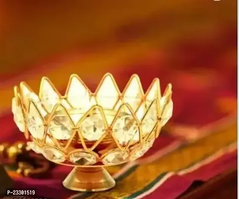 Crystal Round Akhand Diya for Puja Brass Small Kamal Deep Jyoti Oil Lamp for Home Temple Pooja Decor Gifts, set of 2-thumb0
