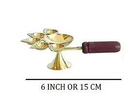 Original Brass Oil Hindu Puja Camphor Burner Lamp Panch Aarti / 5 Face Aarti Diya with Wooden Handle - Length 6 INCH, 15 cm Approx-thumb1