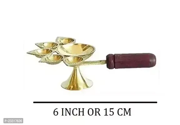 Original Brass Oil Hindu Puja Camphor Burner Lamp Panch Aarti / 5 Face Aarti Diya with Wooden Handle - Length 6 INCH, 15 cm Approx-thumb2