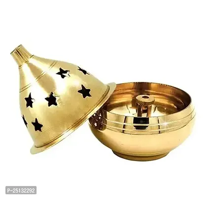 Shape Brass Akhand Diya with Star Holes Cover, Small Oil Lamp-thumb2