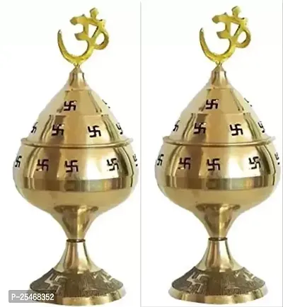 Premium Brass Traditional Akhand Diya/ Table Deepak/ Om Bowl Jyoti Size-Medium Gold Finish Pack of 2-thumb0