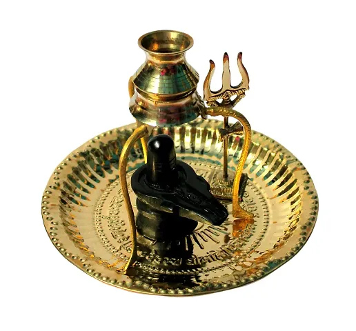 BANSIGOODS Black Shivling Shiva Ling/Shivling with Brass Plate, Kalash with Stand/Trishul Brass (1 Pieces, Gold)