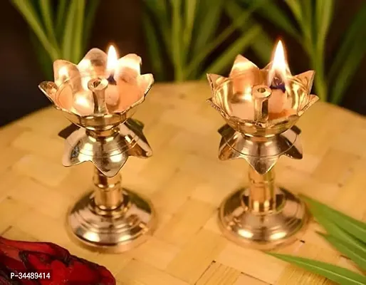 Copper Aart Brass Original Traditional Kamal Diya with Stand Oil Diwali Puja Lamp, Kuthuvilakku Golden Kuthu Vilakku Ornamental Lamp(Size:4 inche)(Pack of 2)-thumb0