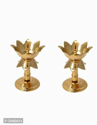 Copper Aart Brass Original Traditional Kamal Diya with Stand Oil Diwali Puja Lamp, Kuthuvilakku Golden Kuthu Vilakku Ornamental Lamp(Size:4 inche)(Pack of 2)-thumb3