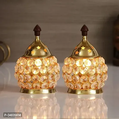 Crystal Set of 2 Matki Shape Akhand Diya/Table Deepak/Oil Lamp/Diya/Brass Diya/Kuber Diya/Crystal Diya-thumb0