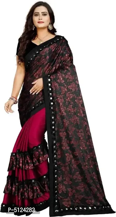 Stunning Pink Lycra Mirror Lace Print Women Saree with Blouse Piece-thumb0