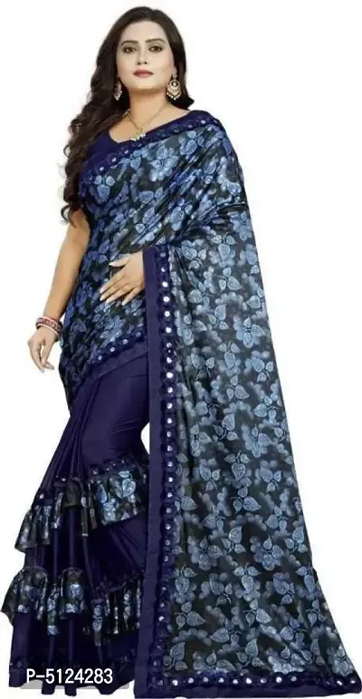 Stunning Navy Blue Lycra Mirror Lace Print Women Saree with Blouse Piece-thumb0