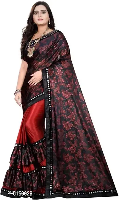 Beautiful Crepe Mirror Lace Printed Ruffle Saree with Blouse Piece-thumb0