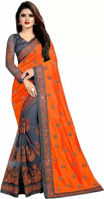 Partywear Net Embroidered Half and Half Sarees With Blouse Piece