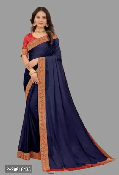Elegant Party Wear Navy Blue Art Silk Plain Jacquard Lace Saree with Blouse Piece