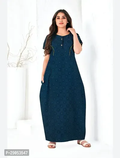 Tanya Enterprises Womens Premium Cotton Printed Round Neck Half Sleeves Nighty Relaxed Fit Night Gown, Navy Blue