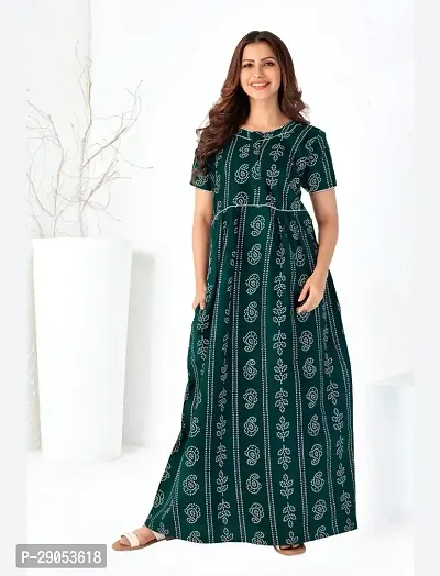Tanya Enterprises Womens Premium Cotton Printed Round Neck Half Sleeves Nighty Relaxed Fit Night Gown, Green-thumb0