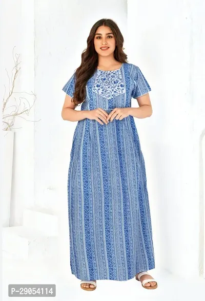 Tanya Enterprises Womens Premium Cotton Printed Round Neck Half Sleeves Nighty Relaxed Fit Night Gown, Blue