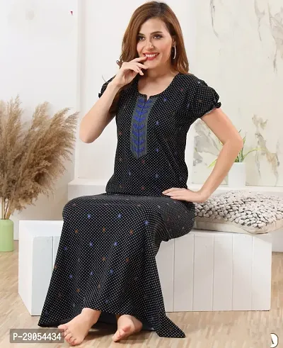 Tanya Enterprises Womens Premium Cotton Printed Round Neck Half Sleeves Nighty Relaxed Fit Night Gown, Navy Black-thumb0