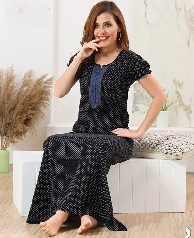 Tanya Enterprises Womens Premium Cotton Printed Round Neck Half Sleeves Nighty Relaxed Fit Night Gown, Navy Black