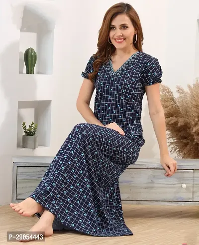 Tanya Enterprises Womens Premium Cotton Printed Round Neck Half Sleeves Nighty Relaxed Fit Night Gown, Navy Blue-thumb0