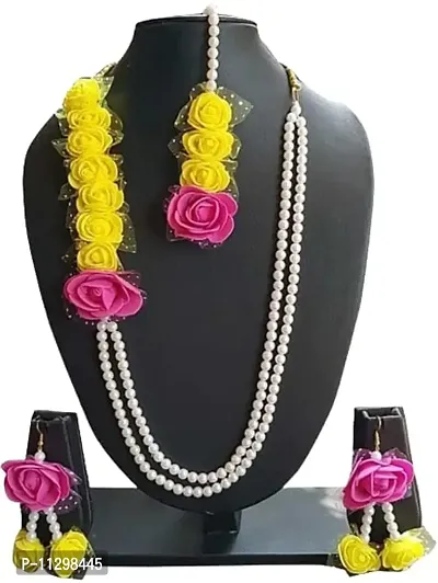 BDS CREATIONS Artificial Women's Yellow & Pink Rose Flower Jewellery Set For Mehandi & Haldi-thumb0