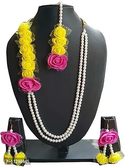 BDS CREATIONS Artificial Women's Yellow & Pink Rose Flower Jewellery Set For Mehandi & Haldi-thumb3