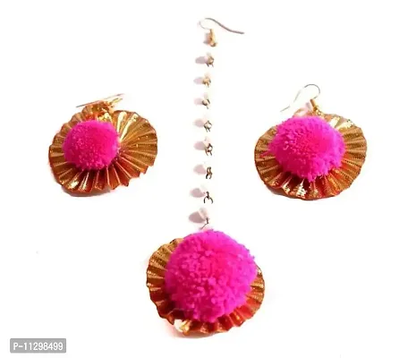 BDS CREATIONS MT_ER 1002 Flower Maang tikka and Earring Jewellery Set for Wedding | Baby shower | Haldi | Mehandi | Party in Red and White colour for Girls and Women-thumb0