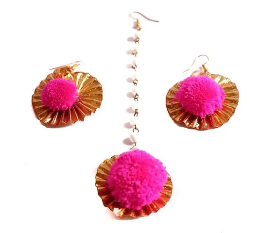 BDS CREATIONS MT_ER 1002 Flower Maang tikka and Earring Jewellery Set for Wedding | Baby shower | Haldi | | Party in and colour for Girls and Women