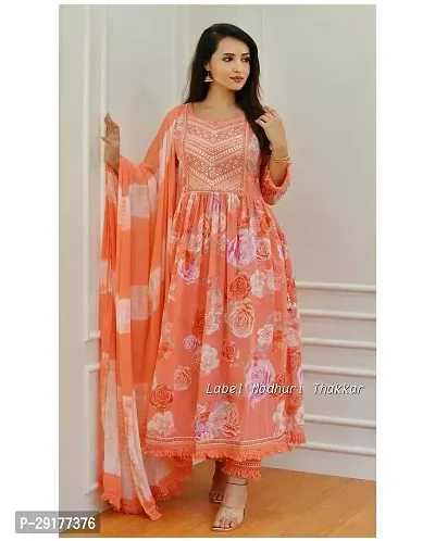 Elegant Orange Rayon Floral Print Anarkali Kurta Bottom and Dupatta Set for Women