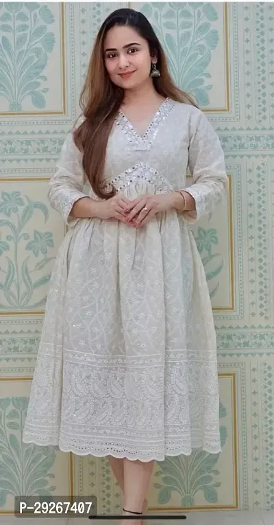 Womens White Chikan Cotton Mirror Work Dress/Skirt/Gown