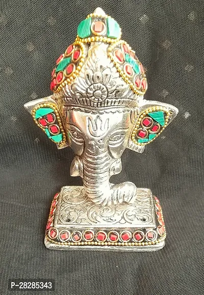 Silver Metal Ganesha Idol Showpiece with Stone Work
