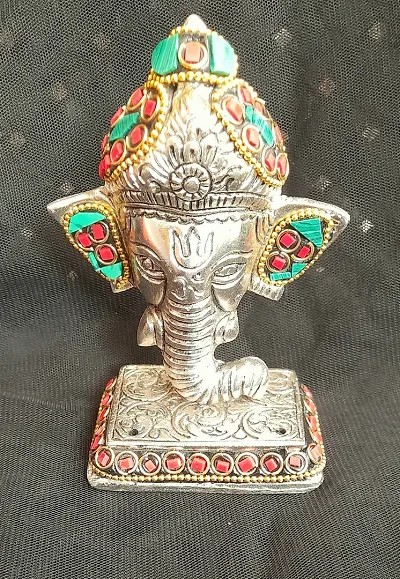 Silver Metal Ganesha Idol Showpiece with Stone Work