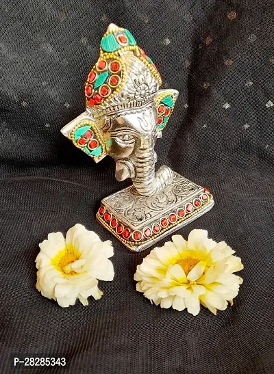 Silver Metal Ganesha Idol Showpiece with Stone Work-thumb4