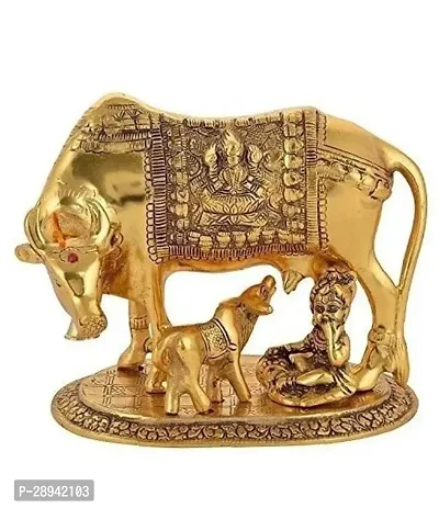 Golden Metal Kamdhenu Cow With Calf And Krishna For Home Decor Gift-thumb0