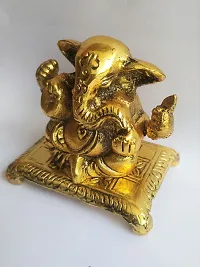 Beautiful Golden Lord Ganesh Sit on Chowki Aluminium Metal Statue-thumb2