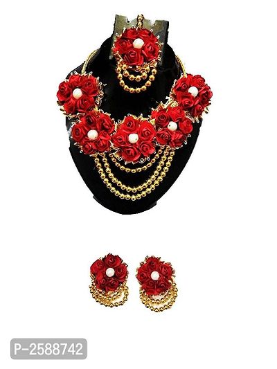 Urbalaa Floret Red, Gold Gota Patti Flowers Necklace For Mehandi/Haldi