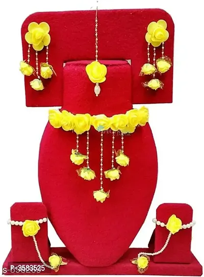 Trendy Jewellery Set Gota Patti Necklace, Earrings, Bracelet  Maang Tika for Women  Girls (Mehandi/Haldi)