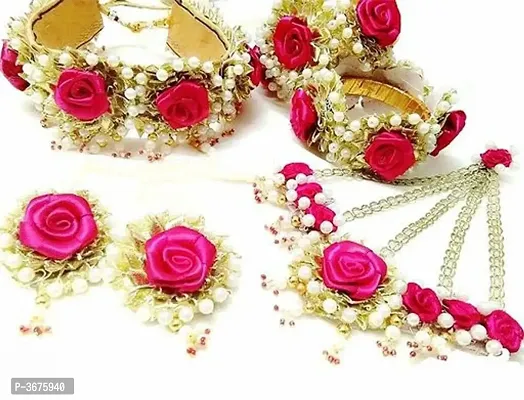 Pink Gold Gota Patti Necklace, Earrings, Bracelet  Jhoomar for Women  Girls (Mehandi/Haldi)-thumb0