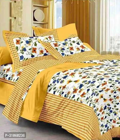 Comfortable Yellow Cotton Printed Double 1 Bedsheet + 2 Pillowcovers-thumb0