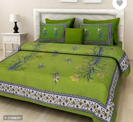 Comfortable Green Cotton Printed Double 1 Bedsheet + 2 Pillowcovers-thumb0