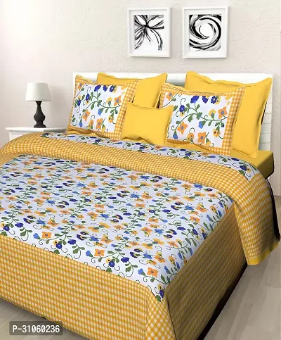 Comfortable Yellow Cotton Printed Double 1 Bedsheet + 2 Pillowcovers-thumb3