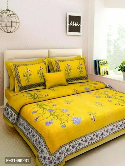 Comfortable Yellow Cotton Printed Double 1 Bedsheet + 2 Pillowcovers-thumb0