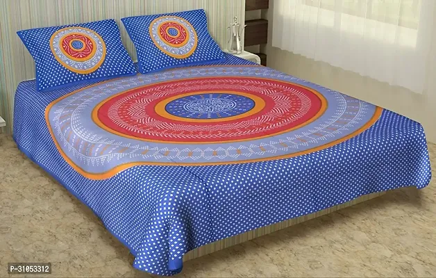 Comfortable Blue Cotton Printed Double 1 Bedsheet + 2 Pillowcovers