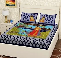 Comfortable Navy Blue Cotton Printed Double 1 Bedsheet + 2 Pillowcovers-thumb1