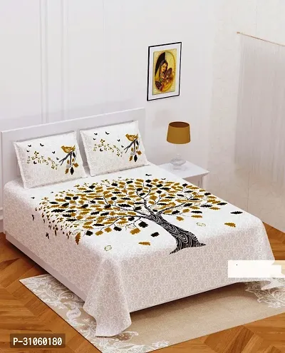 Comfortable White Cotton Printed Double 1 Bedsheet + 2 Pillowcovers-thumb3